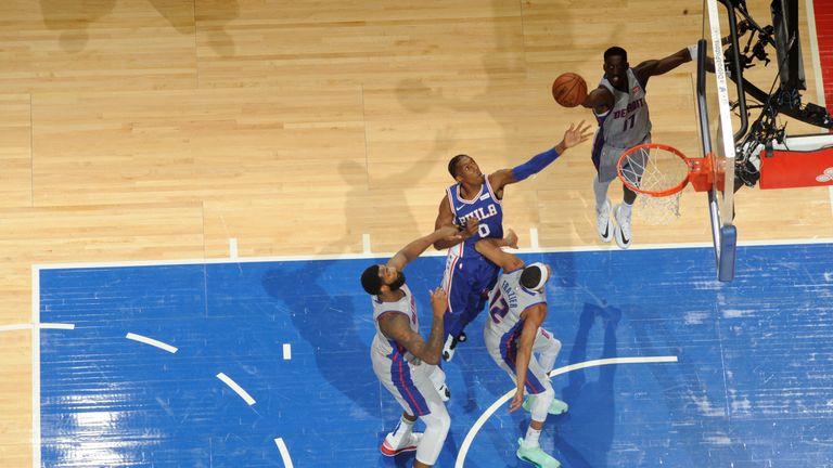 Josh Richardson of the Philadelphia 76ers shoots the ball against the Detroit Pistons
