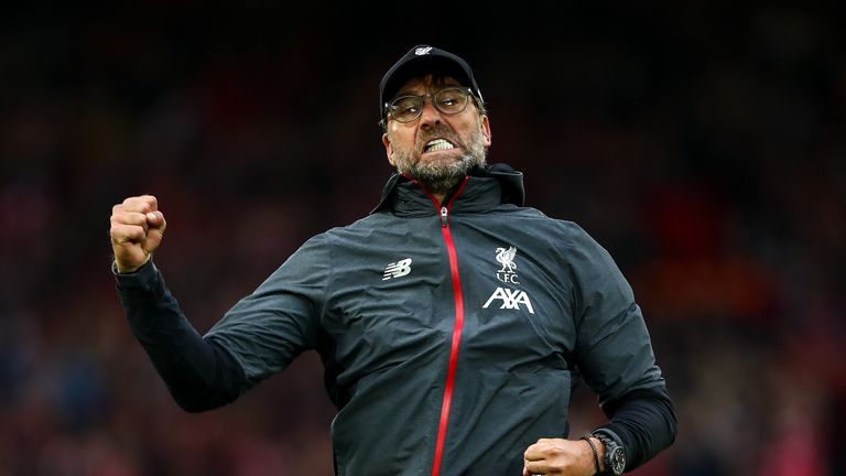 Jurgen Klopp celebrates at full time during the Premier League match between Liverpool and Leicester City at Anfield