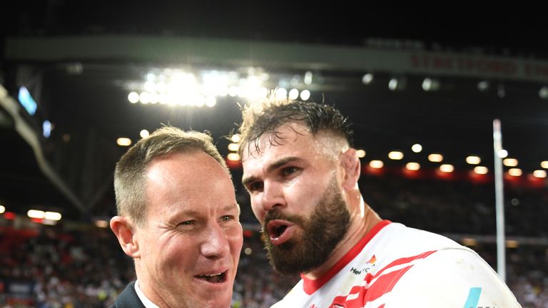 Picture by Simon Wilkinson/SWpix.com 12/10/2019 - Rugby League Betfred Super League Grand Final 2019, Old Trafford Manchester. St Helens v Salford.St. Helens celebrate the win  Justin Holbrook and Alex Walmsley.