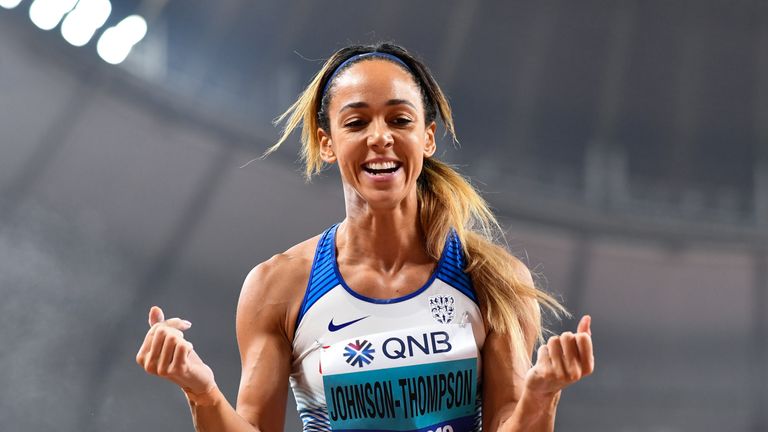 Katarina Johnson-Thompson celebrates at the World Athletics Championships
