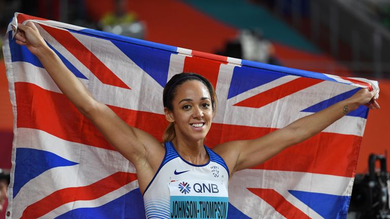 Katarina Johnson-Thompson celebrates after winning Gold in the Heptathlon at the World Championships in Doha.