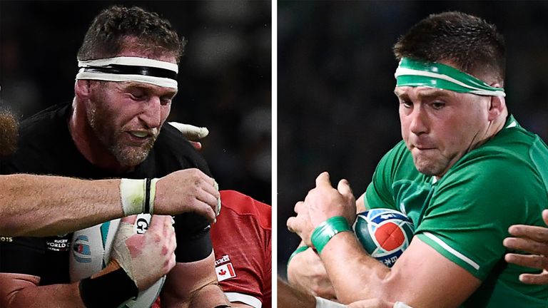 (COMBO) This combination photo created on October 16, 2019 shows New Zealand's number 8 Kieran Read during the Japan 2019 Rugby World Cup Pool B match between New Zealand and Canada in Oita on October 2, 2019 (L) and Ireland's back row CJ Stander during the Pool A match between Ireland and Samoa in Fukuoka on October 12, 2019.  - New Zealand will play againdt Ireland in their Japan 2019 Rugby World Cup quarter-final match on October 19. (Photo by Christophe SIMON / AFP)