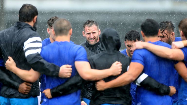 Kieran Read of the All Blacks talks to his team during New Zealand's captain's run