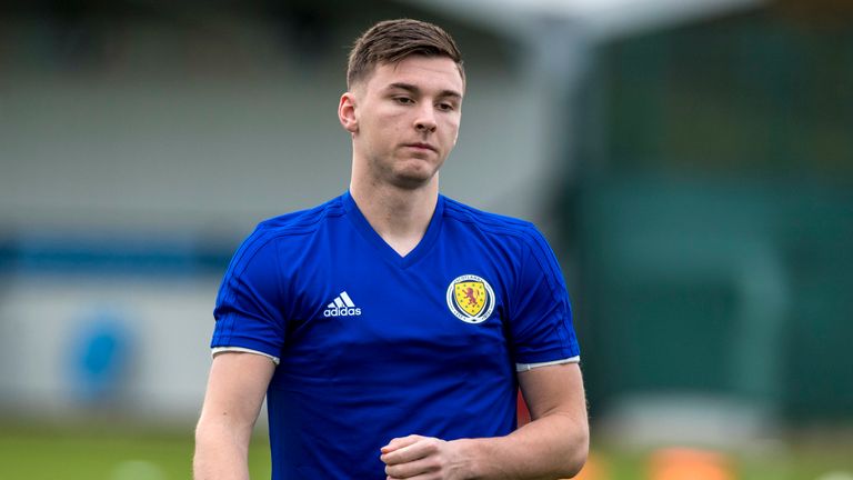 Kieran Tierney during a Scotland training session