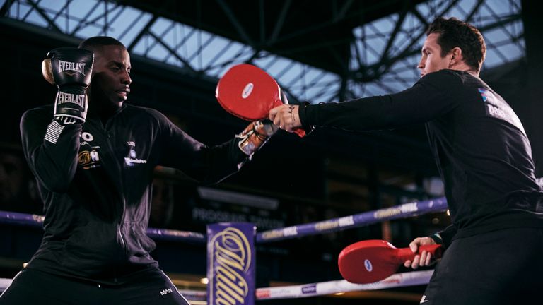 Lawrence Okolie during Wednesday's open workout with trainer Shane McGuigan