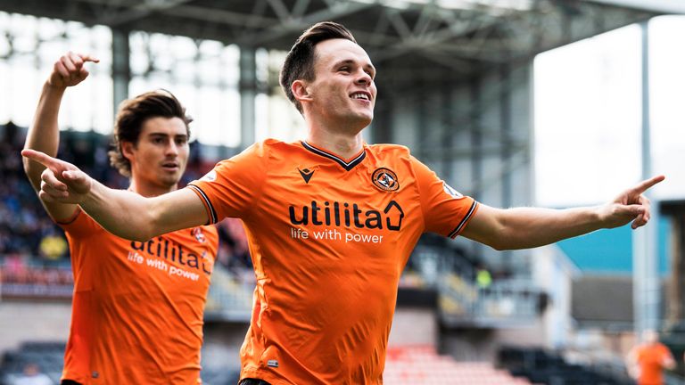 Dundee United's Lawrence Shankland celebrates scoring  against Greenock Morton