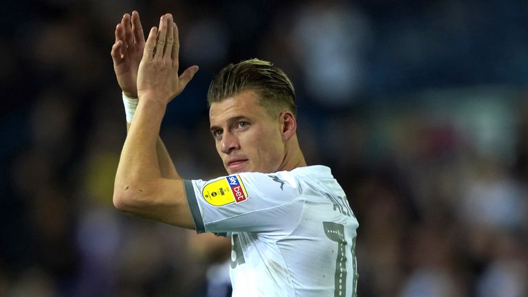 Leeds United's Ezgjan Alioski applauds the fans after final whistle at the Sky Bet Championship match at Elland Road, Leeds. PA Photo. Picture date: Tuesday October 1, 2019. See PA story SOCCER Leeds. Photo credit should read: Ian Hodgson/PA Wire. RESTRICTIONS: EDITORIAL USE ONLY No use with unauthorised audio, video, data, fixture lists, club/league logos or "live" services. Online in-match use limited to 120 images, no video emulation. No use in betting, games or single club/league/player publications.