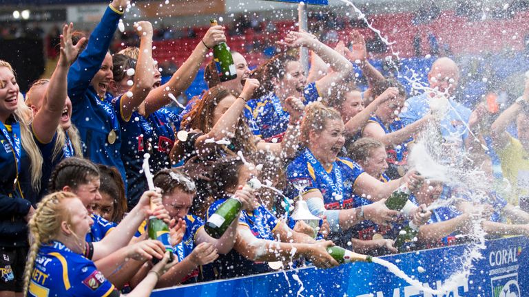 Picture by Isabel Pearce/SWpix.com - 27/07/2019 - Rugby League - Coral Women's Challenge Cup Final - Leeds Rhinos v Castleford Tigers - University of Bolton Stadium, Bolton, England - Leeds Rhinos celebrate the win.