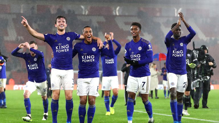 Leicester players celebrate after the massive victory