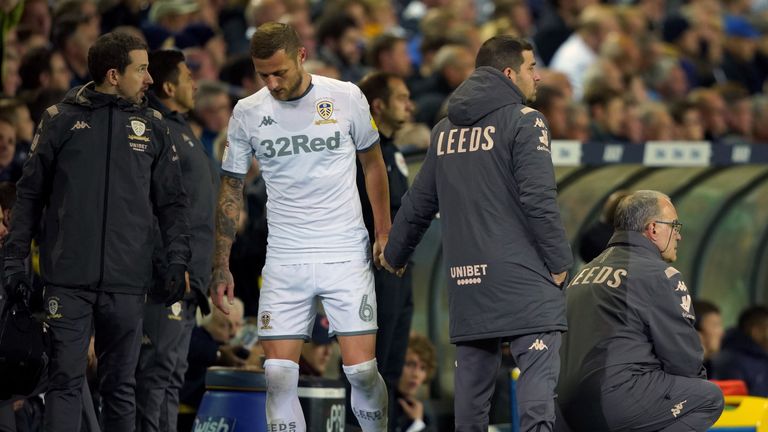 Leeds captain Liam Cooper was withdrawn in the first half of their victory against West Brom on Tuesday