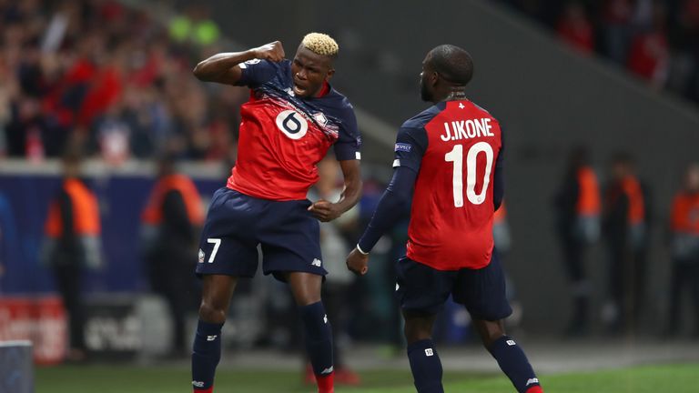 LILLE, FRANCE - OCTOBER 02: Victor Osimhen of Lille celebrates after he scores his sides first goal during the UEFA Champions League group H match between Lille OSC and Chelsea FC at Stade Pierre Mauroy on October 02, 2019 in Lille, France. (Photo by Bryn Lennon/Getty Images)