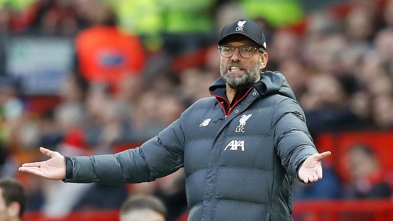 Liverpool manager Jurgen Klopp reacts on the touchline at Old Trafford