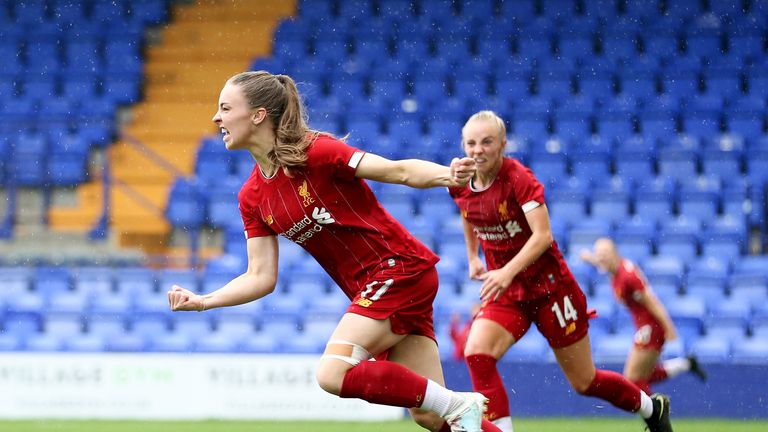 Niamh Charles of Liverpool Women celebrates scoring her sides second goal during the The FA Continental League match against Sheffield United Women at Prenton Park on September 22, 2019