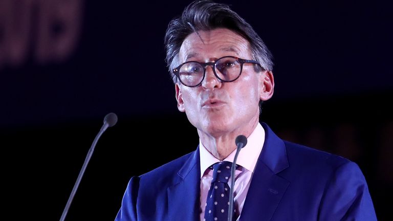 Lord Coe speaking in Doha at the World Athletics Championships
