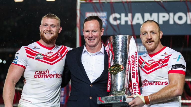 Picture by Alex Whitehead/SWpix.com - 12/10/2019 - Rugby League - Betfred Super League Grand Final - St Helens v Salford Red Devils - Old Trafford, Manchester, England - Man of the Match Luke Thompson, head coach Justin Holbrook and captain James Roby of St Helens celebrate the win.