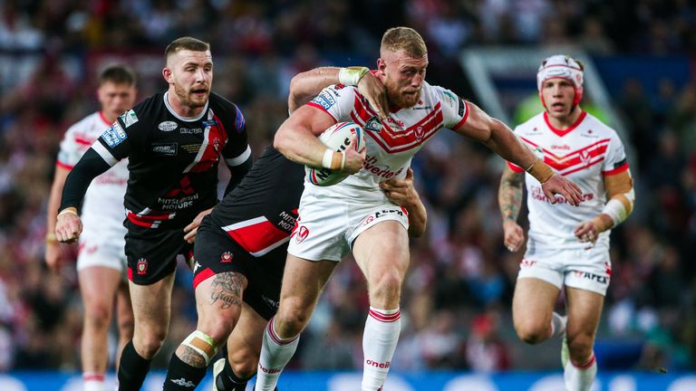 Picture by Alex Whitehead/SWpix.com - 12/10/2019 - Rugby League - Betfred Super League Grand Final - St Helens v Salford Red Devils - Old Trafford, Manchester, England - St Helens' Luke Thompson is tackled by Salford's Josh Jones.