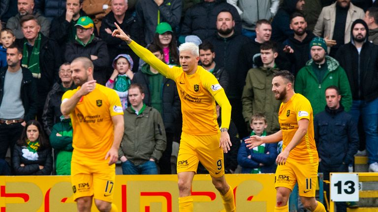 Lyndon Dykes celebrates after scoring to make it 2-0 during the Ladbrokes Premiership match between Livingston and Celtic