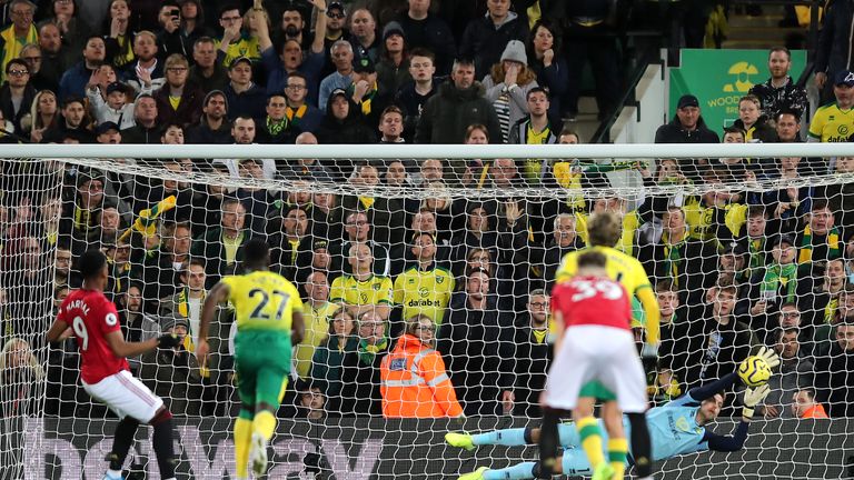 Tim Krul denies Anthony Martial from the spot at Carrow Road