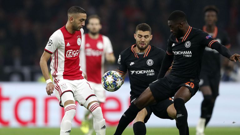 Ajax's Hakim Ziyech and Chelsea duo Mateo Kovacic and Fikayo Tomori battle for possession 