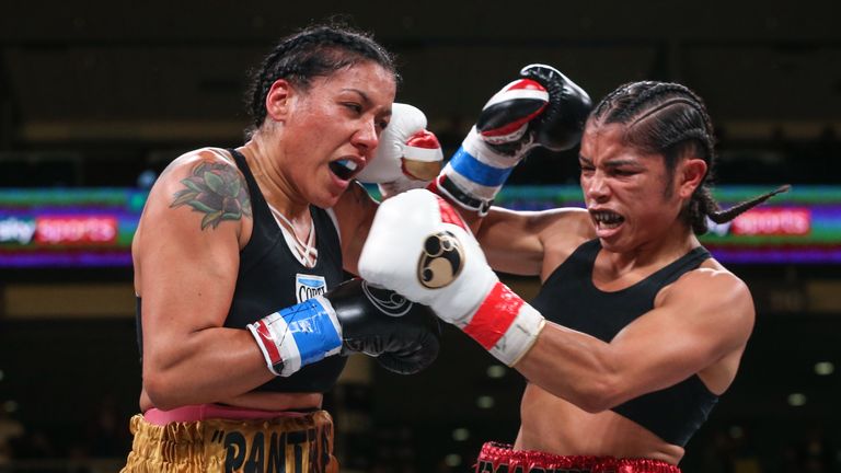 October 12, 2019; Chicago, IL, USA; WBC/WBA super lightweight champion Jessica McCaskill and Erica Farias during their October 12, 2019 Matchroom Boxing USA fight at the Wintrust Arena. Mandatory Credit: Ed Mulholland/Matchroom Boxing USA