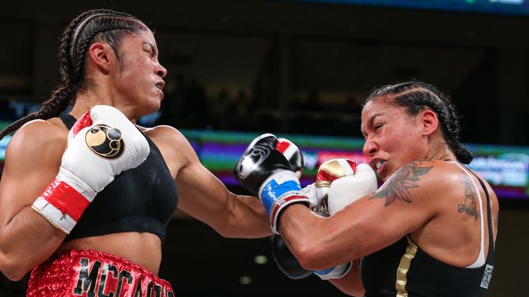 October 12, 2019; Chicago, IL, USA; WBC/WBA super lightweight champion Jessica McCaskill and Erica Farias during their October 12, 2019 Matchroom Boxing USA fight at the Wintrust Arena. Mandatory Credit: Ed Mulholland/Matchroom Boxing USA
