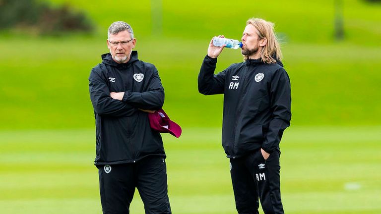 Craig Levein and Austin McPhee during a Hearts training session on September 12, 2019, at the Oriam, Edinburgh