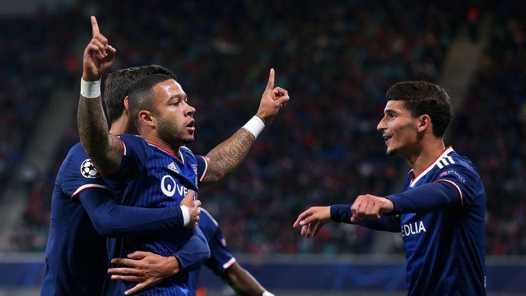 Memphis Depay celebrates opening the scoring for Lyon