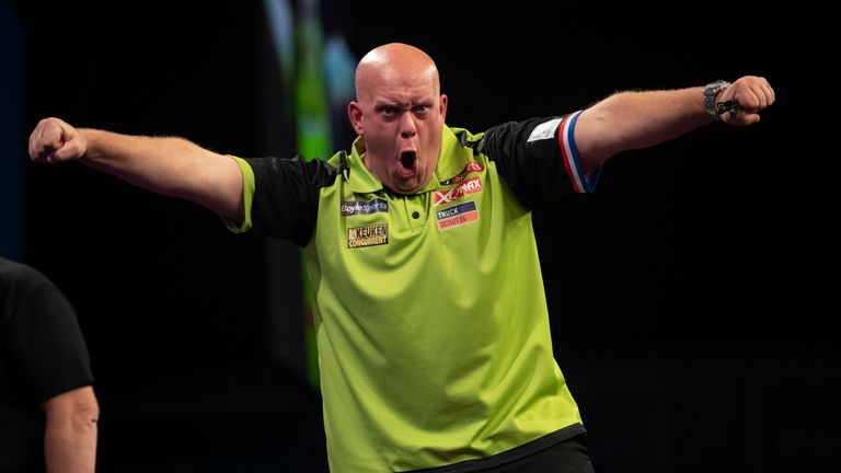 Michael van Gerwen had to battle from a set down to beat Jamie Hughes at the World Grand Prix