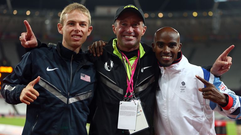 Mo Farah (right), pictured with his former coach Alberto Salazar (centre) and USA's Galen Rupp (left) during London 2012