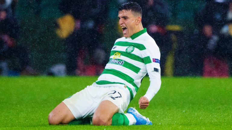 Mohamed Elyounoussi celebrates scoring Celtic's second goal against Cluj