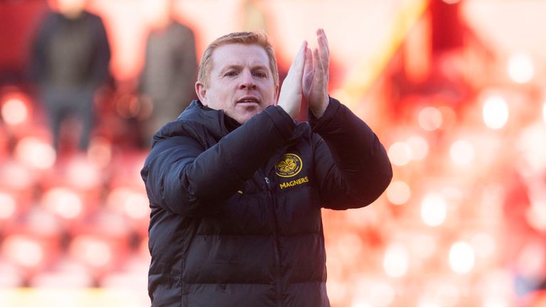 Celtic manager Neil Lennon celebrates at full time during the Premiership match between Aberdeen and Celtic