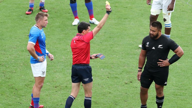Nepo Laulala of New Zealand is shown an yellow card by referee Pascal Gaureze during the Rugby World Cup 2019 Group B game between New Zealand and Namibia at Tokyo Stadium on October 06, 2019 in Chofu, Tokyo, Japan. 