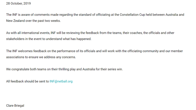 A statement from the International Netball Federation regarding the officiating the Constellation Cup