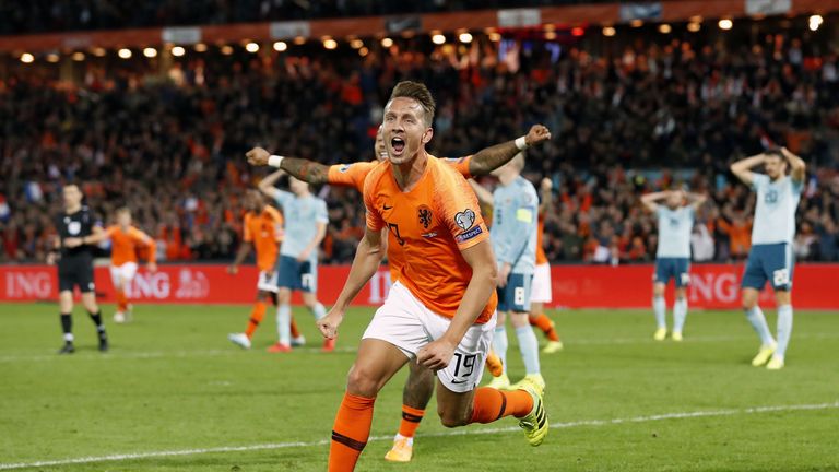 Netherland's Luuk de Jong celebrates his late goal against Northern Ireland