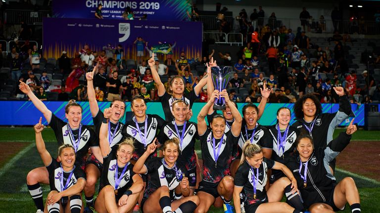 New Zealand celebrates victory during the Rugby League World Cup 9s Womens Final