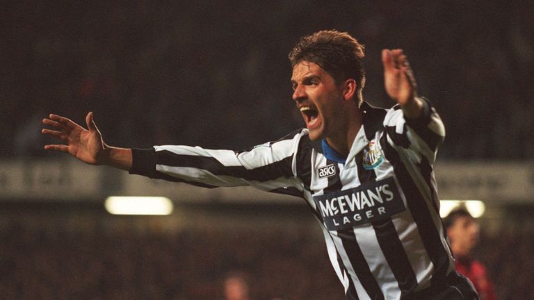 Philippe Albert celebrates his goal in Newcastle's 5-0 win against Manchester United in October 1996