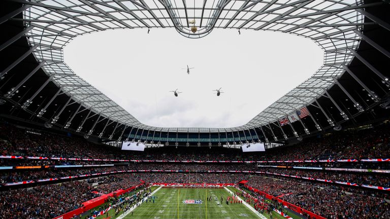 RAF pre-match helicopter Fly Past. Tampa Bay Buccaneers v Carolina Panthers,Tottenham Hotspur Stadium, London, 13 Oct 2019. Credit Dave Shopland/NFL