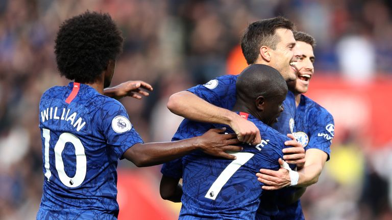 N'Golo Kante celebrates with team-mates after scoring Chelsea's third goal at St Mary's