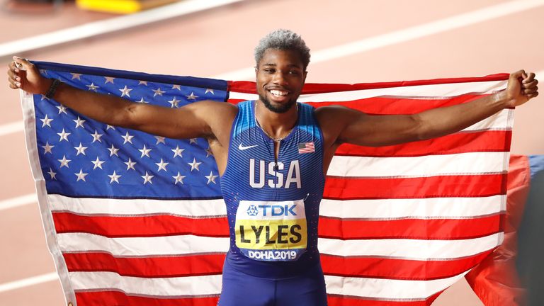 USA's Noah Lyles celebrates winning gold in the Men's 200m final at the World Athletics Championships