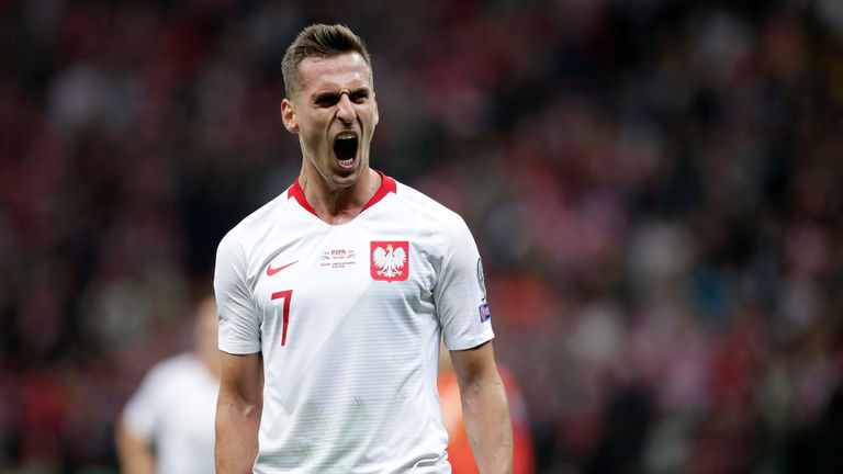 Arkadiusz Milik celebrates his goal in Poland's 2-0 win over North Macedonia