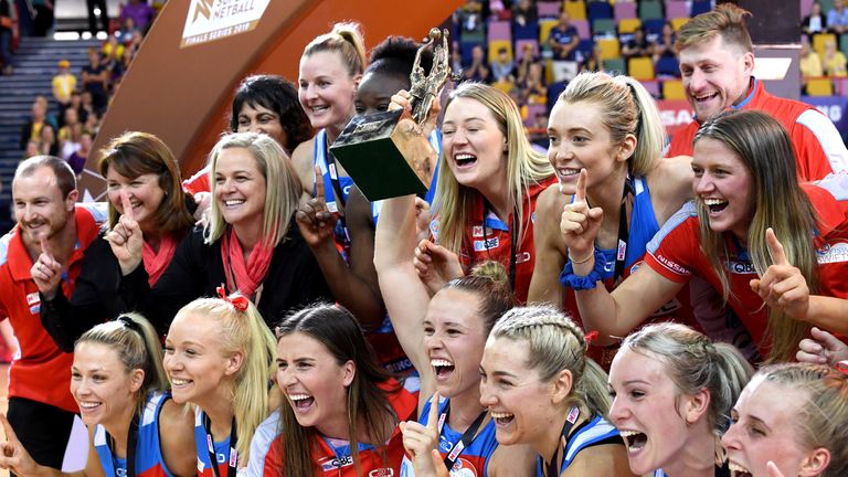 The Swifts celebrate victory after the  2019 Suncorp Super Netball Grand Final