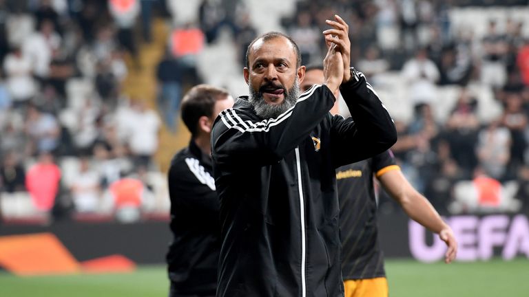 ISTANBUL, TURKEY - OCTOBER 03: Nuno Espirito Santo the head coach / manager of Wolverhampton Wanderers celebrates at full time during to the UEFA Europa League group K match between Besiktas and Wolverhampton Wanderers at Vodafone Park on October 3, 2019 in Istanbul, Turkey. (Photo by Sam Bagnall - AMA/Getty Images)