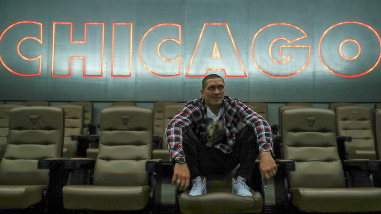 October 8, 2019; Chicago, IL, USA; Oleksandr Usyk visits the Chicago Bulls practice ahead of his fight Saturday night at the Wintrust Center in Chicago . Mandatory Credit: Ed Mulholland/Matchroom Boxing USA