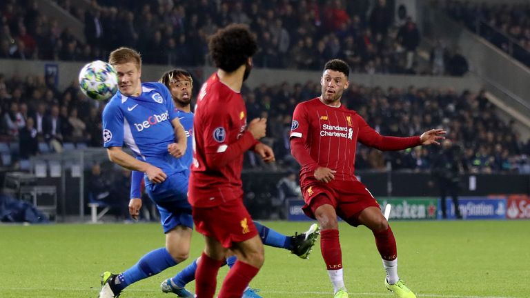 Oxlade-Chamberlain takes the pass from Roberto Firmino and strikes it first-time