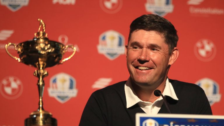 European captain Padraig Harrington speaks during a press conference for the Ryder Cup 2020 Year to Go media event at Whistling Straits Golf Course