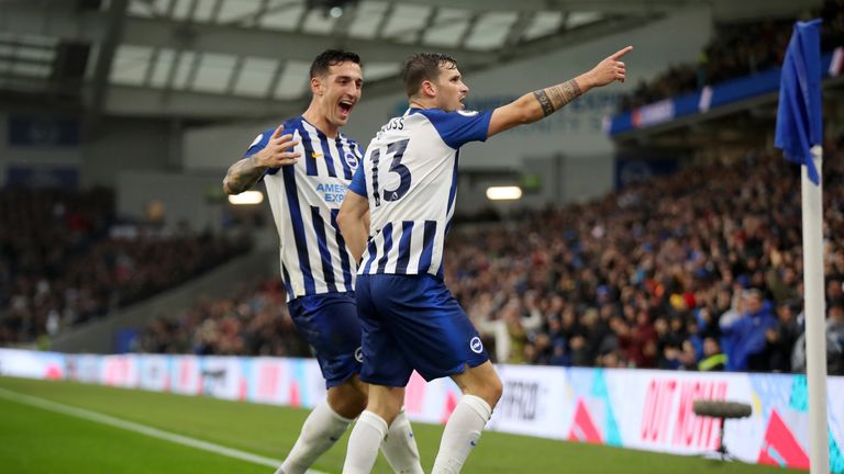 Pascal Gross celebrates putting Brighton ahead against Everton