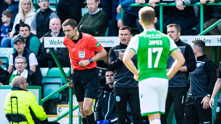 Hibernian manager Paul Heckingbottom is sent off by referee Kevin Clancy during the  Premiership match between Hibernian and Celtic at Easter Road