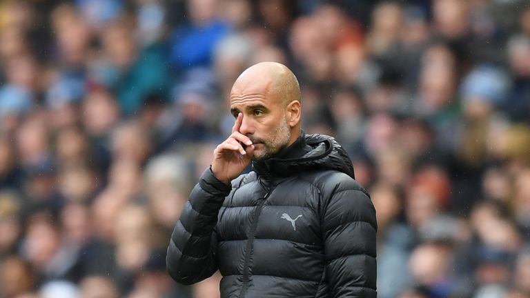 Pep Guardiola, manager of Manchester City reacts during the Premier League match between Manchester City and Aston Villa at Etihad Stadium