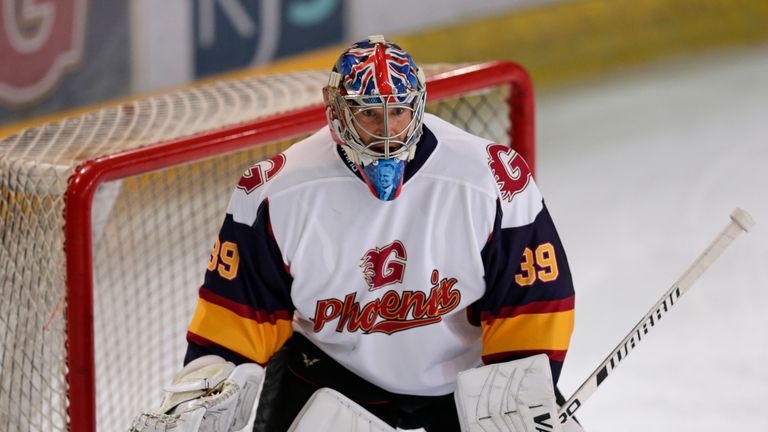 Petr Cech reacts to his match-winning performance on his ice hockey debut for Guildford Phoenix