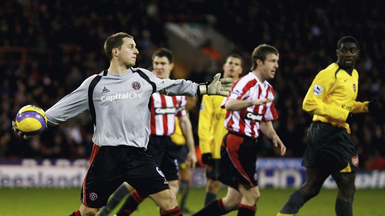 Jagielka throws the ball out while in goal for Sheffield United